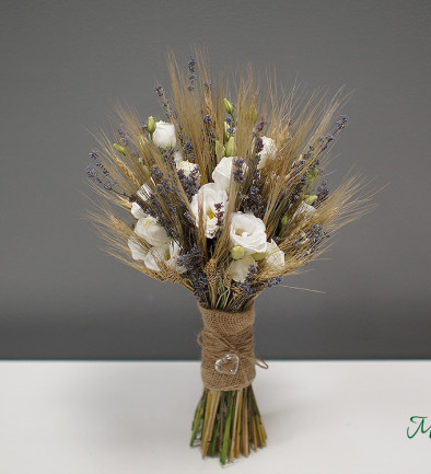 Bridal Bouquet of Wheat Spikes, Lisianthus, and Lavender photo 394x433